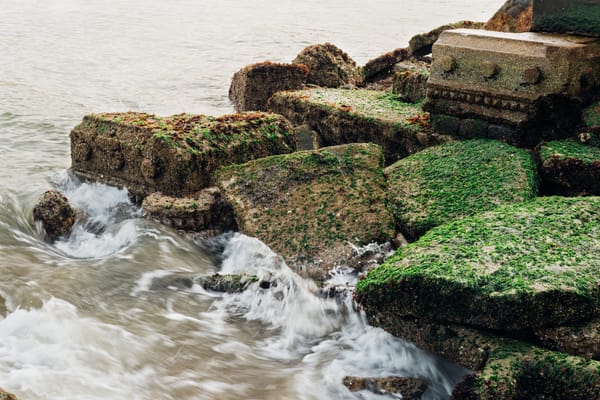 rock formations with moss on some of them. ocean waves hitting rocks in a blur.